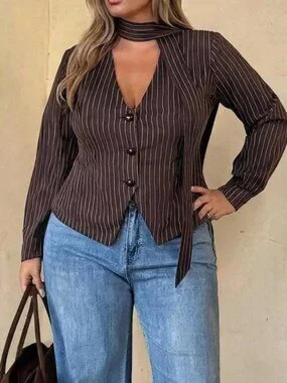 ZARA Brown Casual Women's Plus Size Striped Long Sleeve Single-Breasted Blazer